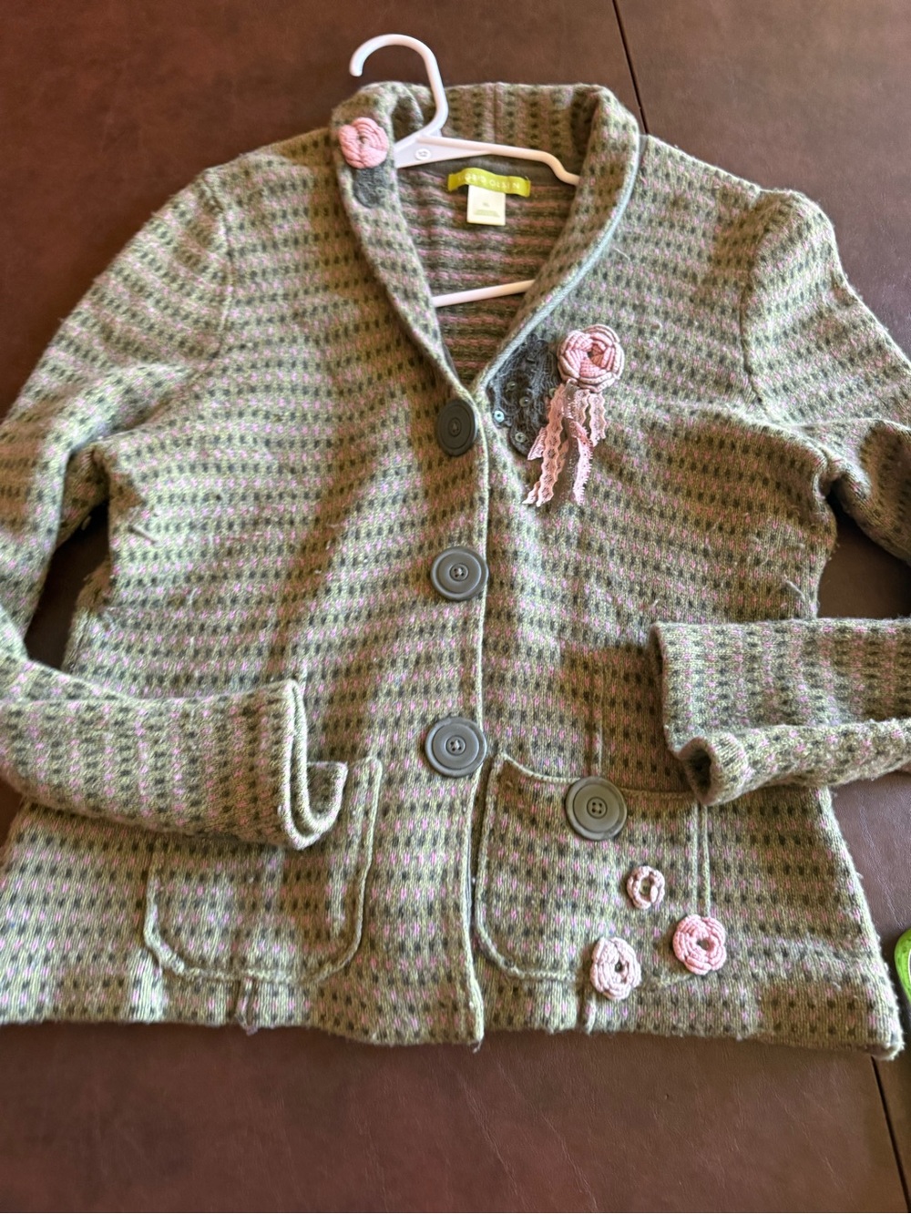 Sigrid Olsen Green Knit Button Cardigan with Pink Rosette Accents xl